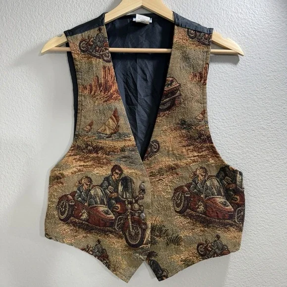 Vintage 80s Tapestry Vest Academia Motorcycle Boho Edwardian - Picture 4 of 16